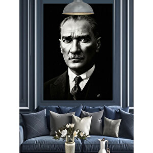 Siyah Beyaz Mustafa Kemal Atatürk Fotoğrafı Dekoratif Kanvas - Mdf Ahşap Tablo 70x100 cm