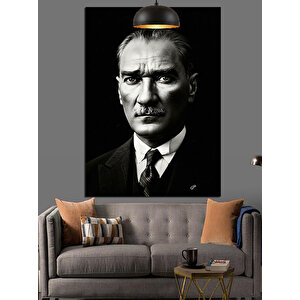 Siyah Beyaz Mustafa Kemal Atatürk Fotoğrafı Dekoratif Kanvas - Mdf Ahşap Tablo 70x100 cm