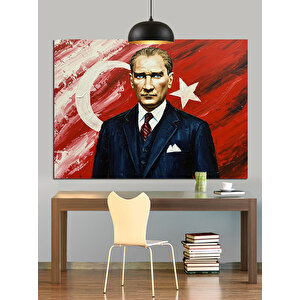 Bayrak Önünde Atatürk Portre Dekoratif Kanvas - Mdf Ahşap Tablo