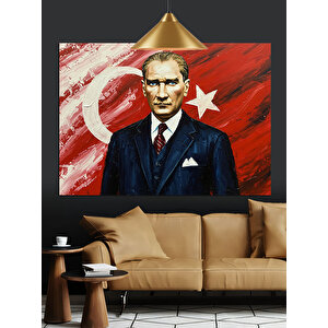 Bayrak Önünde Atatürk Portre Dekoratif Kanvas - Mdf Ahşap Tablo 50x70 cm
