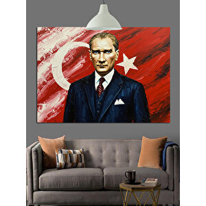 Bayrak Önünde Atatürk Portre Dekoratif Kanvas - Mdf Ahşap Tablo