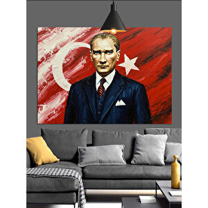 Bayrak Önünde Atatürk Portre Dekoratif Kanvas - Mdf Ahşap Tablo 70x100 cm