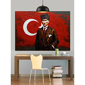 Türk Bayrağı Önünde Atatürk Dekoratif Kanvas - Mdf Ahşap Tablo 35x50 cm