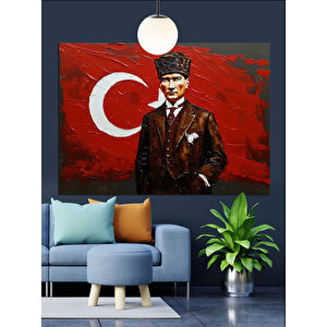 Türk Bayrağı Önünde Atatürk Dekoratif Kanvas - Mdf Ahşap Tablo 35x50 cm
