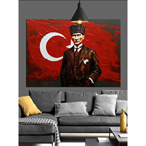 Türk Bayrağı Önünde Atatürk Dekoratif Kanvas - Mdf Ahşap Tablo