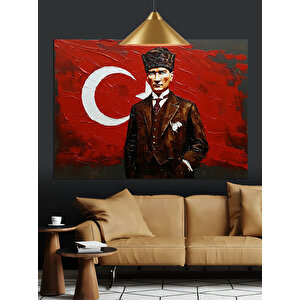 Türk Bayrağı Önünde Atatürk Dekoratif Kanvas - Mdf Ahşap Tablo 70x100 cm
