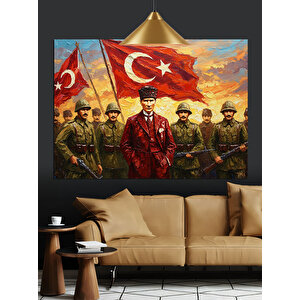 Bayrak Tutan Askerler Ve Atatürk Dekoratif Kanvas - Mdf Ahşap Tablo 35x50 cm