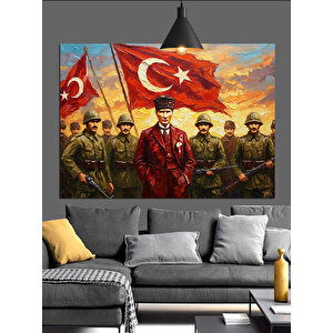 Bayrak Tutan Askerler Ve Atatürk Dekoratif Kanvas - Mdf Ahşap Tablo 35x50 cm