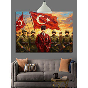 Bayrak Tutan Askerler Ve Atatürk Dekoratif Kanvas - Mdf Ahşap Tablo 35x50 cm