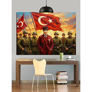 Bayrak Tutan Askerler Ve Atatürk Dekoratif Kanvas - Mdf Ahşap Tablo