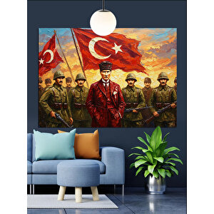 Bayrak Tutan Askerler Ve Atatürk Dekoratif Kanvas - Mdf Ahşap Tablo