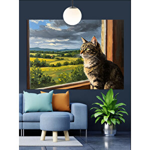 Pencereden Bakan Kedi Dekoratif Kanvas - Mdf Ahşap Tablo 70x100 cm