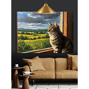 Pencereden Bakan Kedi Dekoratif Kanvas - Mdf Ahşap Tablo 70x100 cm