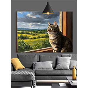 Pencereden Bakan Kedi Dekoratif Kanvas - Mdf Ahşap Tablo 70x100 cm