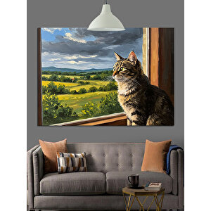 Pencereden Bakan Kedi Dekoratif Kanvas - Mdf Ahşap Tablo