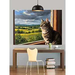 Pencereden Bakan Kedi Dekoratif Kanvas - Mdf Ahşap Tablo