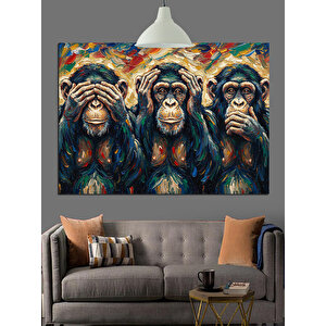 Üç Maymun Resmi Dekoratif Kanvas - Mdf Ahşap Tablo 70x100 cm