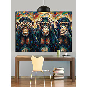 Üç Maymun Resmi Dekoratif Kanvas - Mdf Ahşap Tablo 35x50 cm