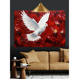 Kırmızı Zeminde Beyaz Güvercin Dekoratif Kanvas - Mdf Ahşap Tablo 70x100 cm