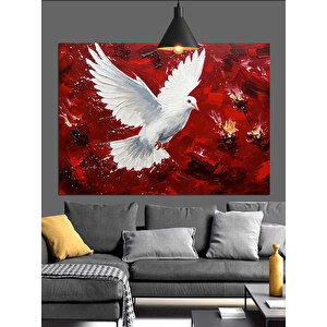 Kırmızı Zeminde Beyaz Güvercin Dekoratif Kanvas - Mdf Ahşap Tablo 70x100 cm