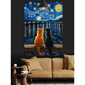 Yıldızlı Gece Ve Kediler Dekoratif Kanvas - Mdf Ahşap Tablo 35x50 cm