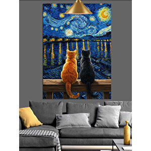 Yıldızlı Gece Ve Kediler Dekoratif Kanvas - Mdf Ahşap Tablo 35x50 cm