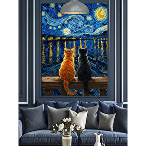 Yıldızlı Gece Ve Kediler Dekoratif Kanvas - Mdf Ahşap Tablo 70x100 cm