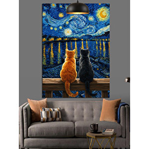Yıldızlı Gece Ve Kediler Dekoratif Kanvas - Mdf Ahşap Tablo