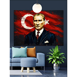 Türk Bayrağı Önünde Atatürk Portresi Dekoratif Kanvas - Mdf Ahşap Tablo 70x100 cm