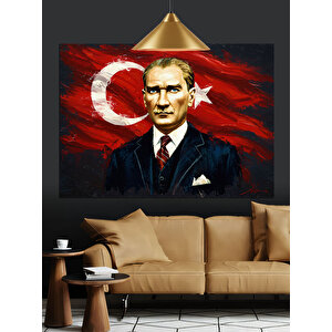 Türk Bayrağı Önünde Atatürk Portresi Dekoratif Kanvas - Mdf Ahşap Tablo 70x100 cm