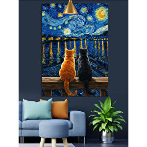 Yıldızlı Gece Ve Kediler Dekoratif Kanvas - Mdf Ahşap Tablo