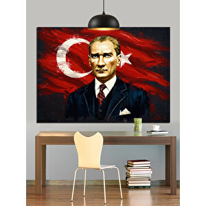Türk Bayrağı Önünde Atatürk Portresi Dekoratif Kanvas - Mdf Ahşap Tablo 25x35 cm