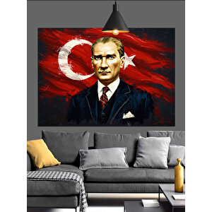 Türk Bayrağı Önünde Atatürk Portresi Dekoratif Kanvas - Mdf Ahşap Tablo