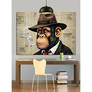 Şapkalı Sigara İçen Maymun Dekoratif Kanvas - Mdf Ahşap Tablo