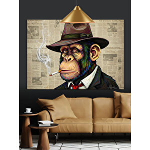 Şapkalı Sigara İçen Maymun Dekoratif Kanvas - Mdf Ahşap Tablo 70x100 cm