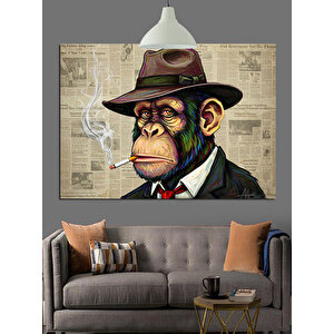 Şapkalı Sigara İçen Maymun Dekoratif Kanvas - Mdf Ahşap Tablo 70x100 cm