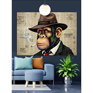 Şapkalı Sigara İçen Maymun Dekoratif Kanvas - Mdf Ahşap Tablo