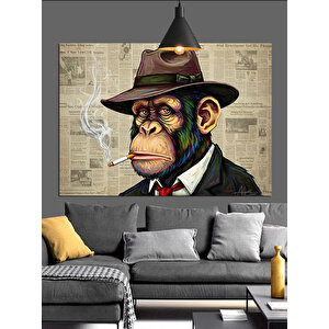 Şapkalı Sigara İçen Maymun Dekoratif Kanvas - Mdf Ahşap Tablo 35x50 cm