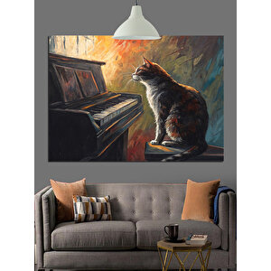 Piyanonun Başında Kedi Dekoratif Kanvas - Mdf Ahşap Tablo 50x70 cm