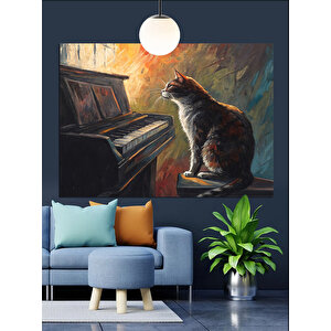 Piyanonun Başında Kedi Dekoratif Kanvas - Mdf Ahşap Tablo 50x70 cm
