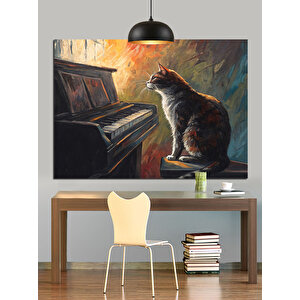 Piyanonun Başında Kedi Dekoratif Kanvas - Mdf Ahşap Tablo 25x35 cm