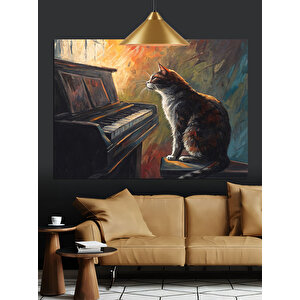 Piyanonun Başında Kedi Dekoratif Kanvas - Mdf Ahşap Tablo
