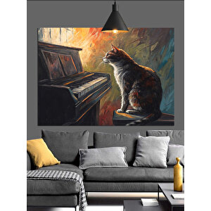 Piyanonun Başında Kedi Dekoratif Kanvas - Mdf Ahşap Tablo