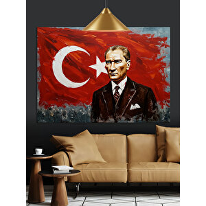 Türk Bayrağı Önünde Atatürk Dekoratif Kanvas - Mdf Ahşap Tablo