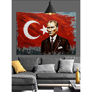 Türk Bayrağı Önünde Atatürk Dekoratif Kanvas - Mdf Ahşap Tablo 70x100 cm