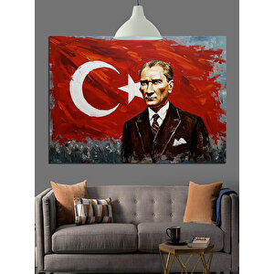 Türk Bayrağı Önünde Atatürk Dekoratif Kanvas - Mdf Ahşap Tablo 70x100 cm