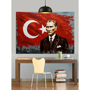 Türk Bayrağı Önünde Atatürk Dekoratif Kanvas - Mdf Ahşap Tablo 70x100 cm