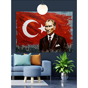 Türk Bayrağı Önünde Atatürk Dekoratif Kanvas - Mdf Ahşap Tablo