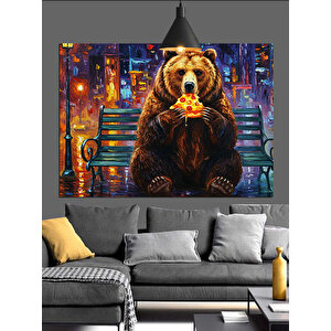 Pizza Yiyen Kahverengi Ayı Dekoratif Kanvas - Mdf Ahşap Tablo 70x100 cm