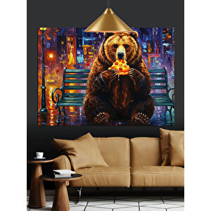 Pizza Yiyen Kahverengi Ayı Dekoratif Kanvas - Mdf Ahşap Tablo 25x35 cm